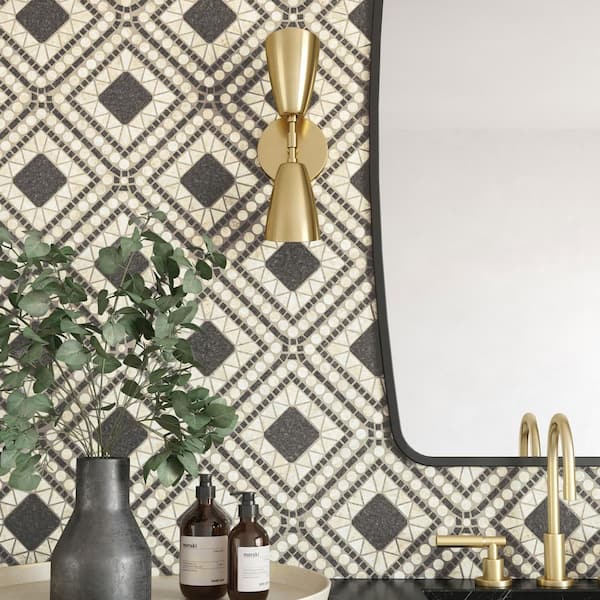Atrium Square 15 in. x 15 in. Honed Myra Beige/Basalt Marble Mosaic Tile (8.6 sq. ft./Carton)