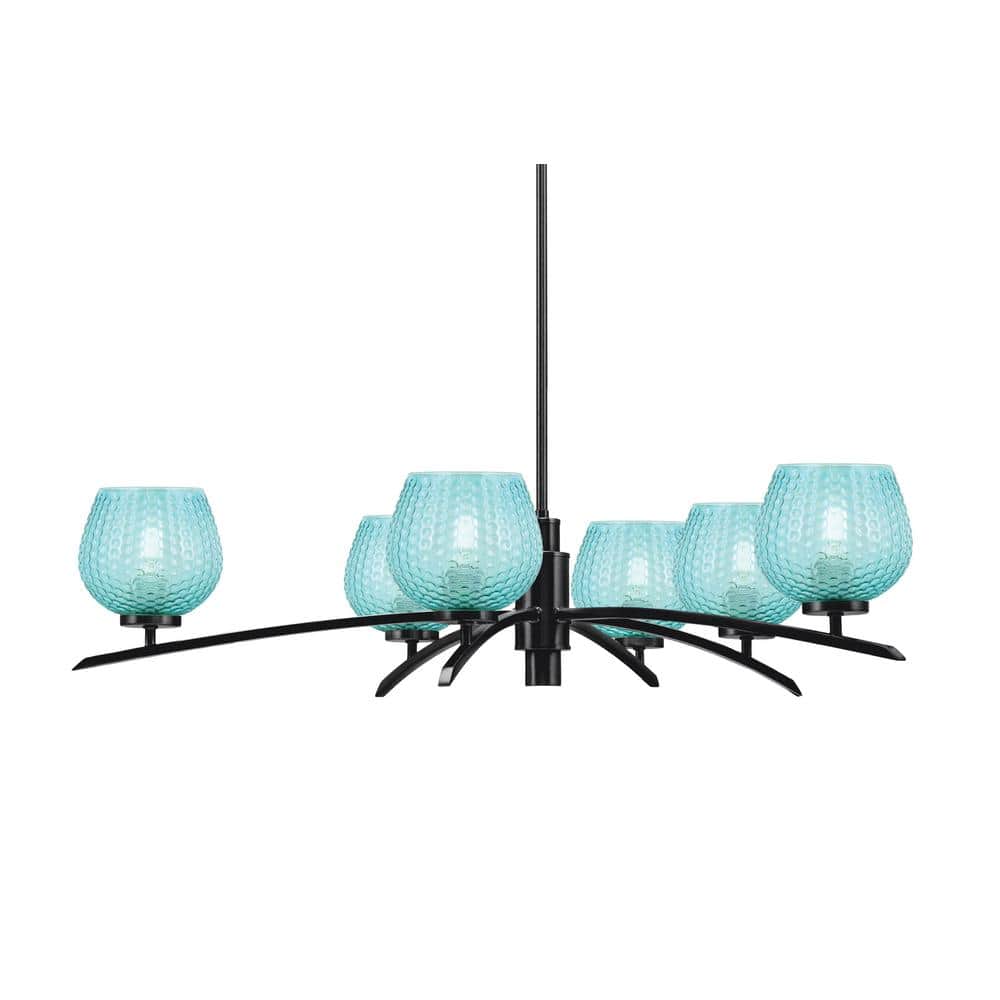 Siena 6-Light Matte Black Chandelier, Round Chandelier with Turquoise Glass