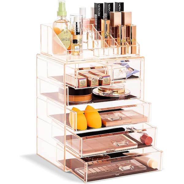 7 Drawers Pink Acrylic Organizer Cosmetic Jewelry Storage Cabinet Brown