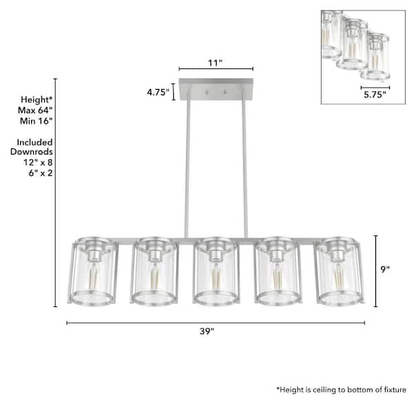 Hunter - Astwood 5-Light Brushed Nickel Linear Chandelier with Clear Shades Dining Room Light