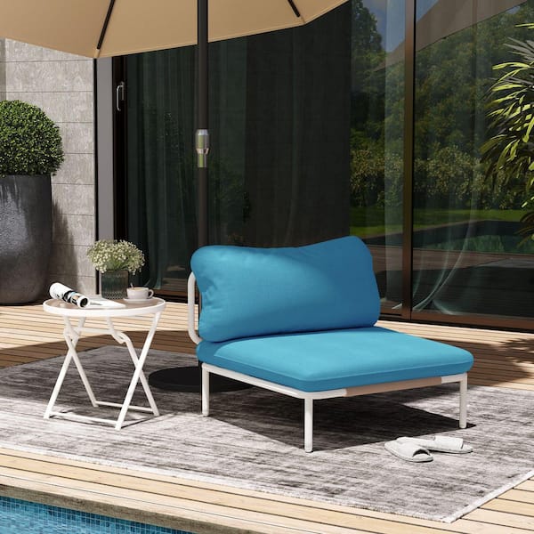 1-Piece Metal Outdoor Sectional Sofa Chair with Blue Cushions and One Removable Armrest