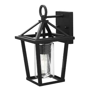 Jill 16 in. 1-Light Textured Black and Weathered Zinc Hardwired Outdoor Wall Sconce Light with Clear Seedy Glass