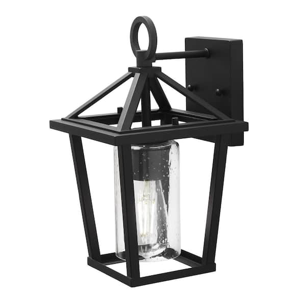 Home Decorators Collection Jill 16 in. 1-Light Textured Black and Weathered Zinc Hardwired Outdoor Wall Sconce Light with Clear Seedy Glass