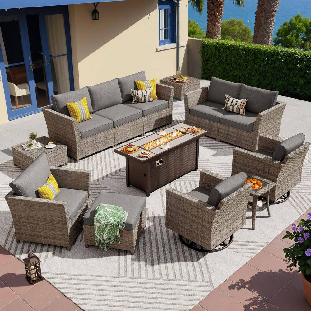 Retro 13-Pieces Wicker Outdoor Patio Rectangular Fire Pit Set and Swivel Rocking Chairs with Dark Gray Cushions price history on PriceWatchPro