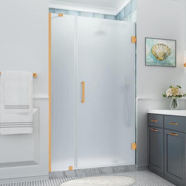 Aston Belmore XL 47.25 - 48.25 in. x 80 in. Frameless Hinged Shower Door with Ultra-Bright Frosted Glass in Brushed Gold