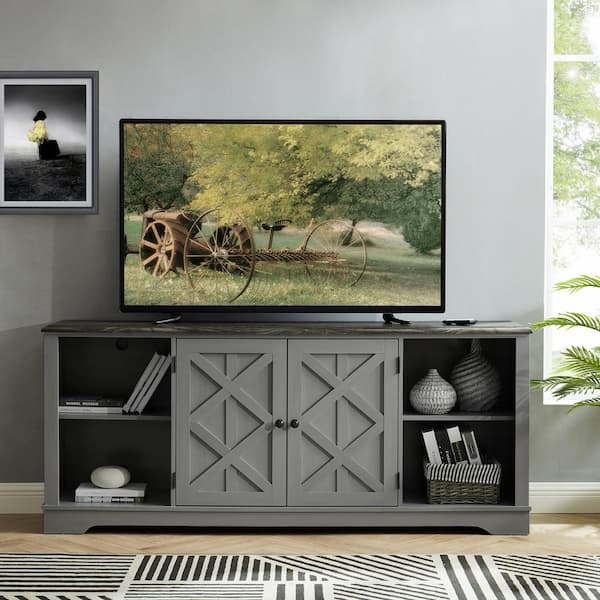 FESTIVO 70 in. Gray with Walnut Color Desktop TV Stand for TVs up to 78 in.