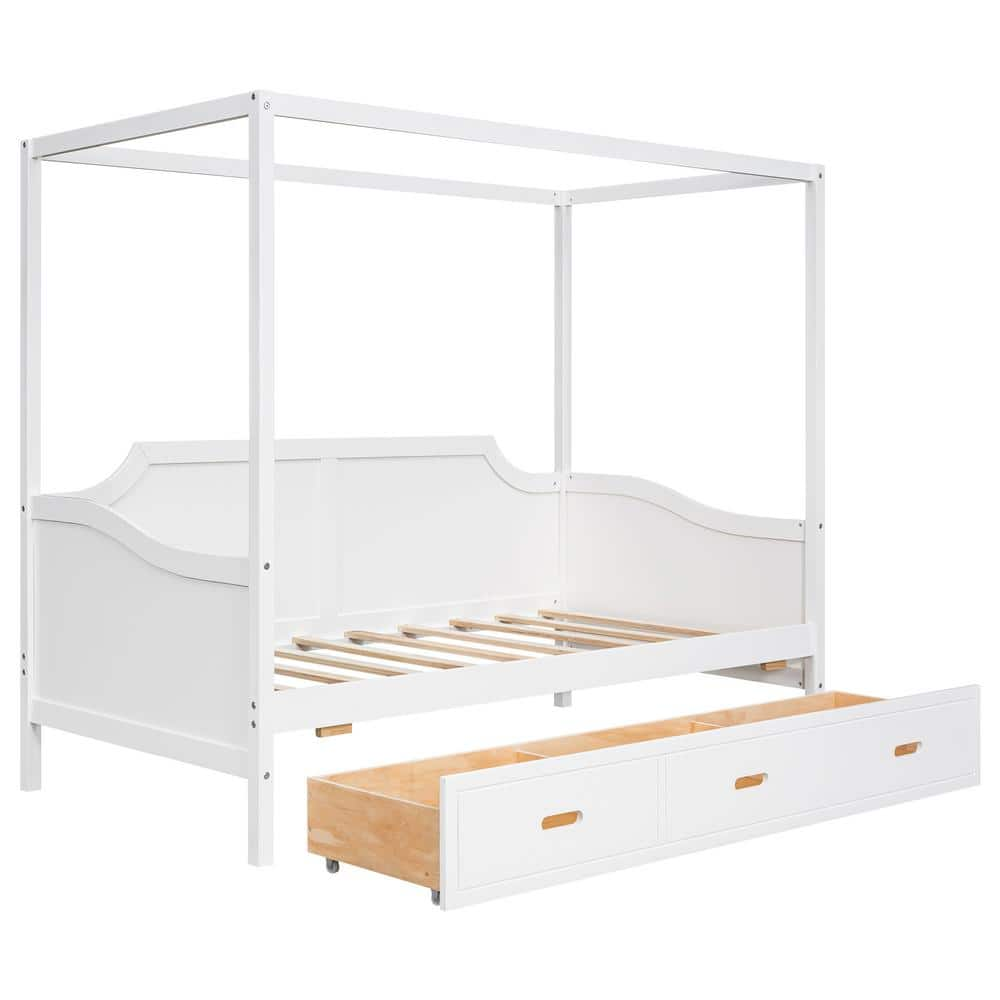 White Twin Size Canopy Daybed with 3 in 1 Drawers, Solid Wood Canopy Bed Frame with Storage for Kids, Teens, Adults -  URTR, T-02090-K