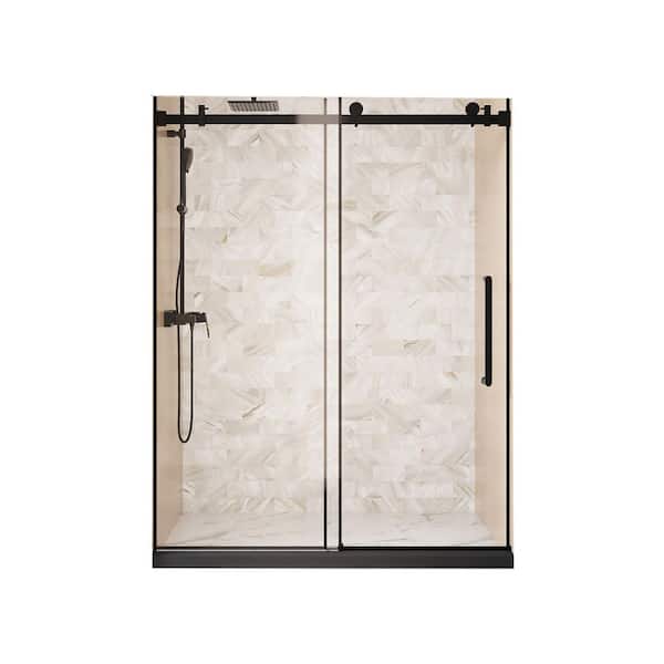 60 in. W x 76 in. H Sliding Frameless Shower Door in Matt Black Finish with Tempered Glass