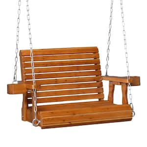 2.7 ft. 1-Person Brown Pine Wood Porch Swing with Reinforced Seat Depth, Backrest, Extra Cup Holders, Support 440 lbs.