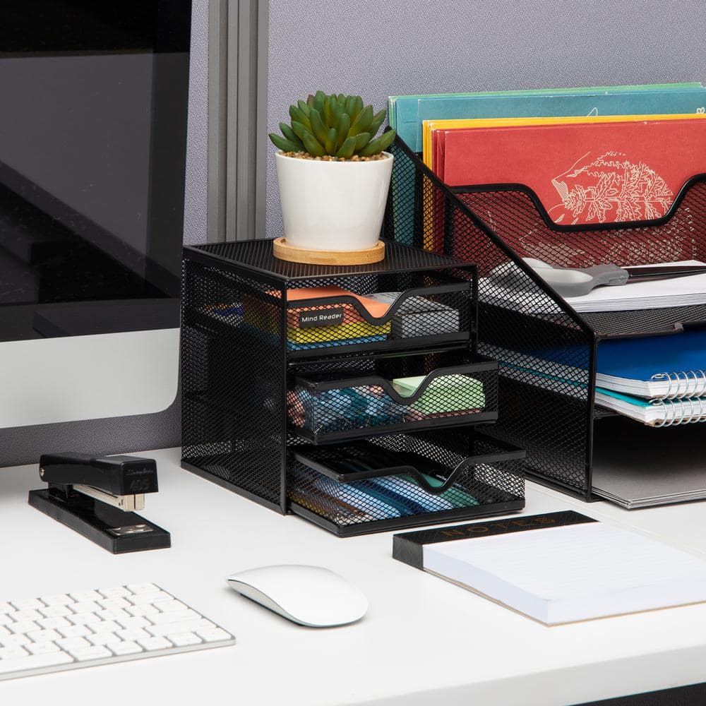 Black Metal Mesh 3-Drawer Desktop Organizer
