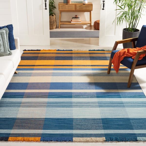 Striped Kilim Orange Blue 9 ft. x 12 ft. Plaid Striped Area Rug