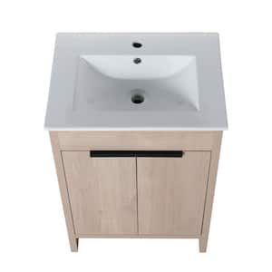 24 in. W x 18 in. D x 34 in. H Free-Standing Bath Vanity in Plain Light Oak with Glossy White Ceramic Top