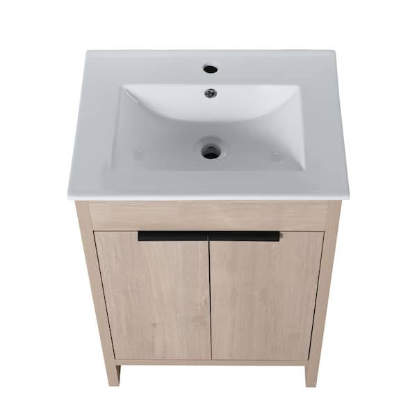 Unbranded 24 in. W x 18 in. D x 34 in. H Free-Standing Bath Vanity in Plain Light Oak with Glossy White Ceramic Top