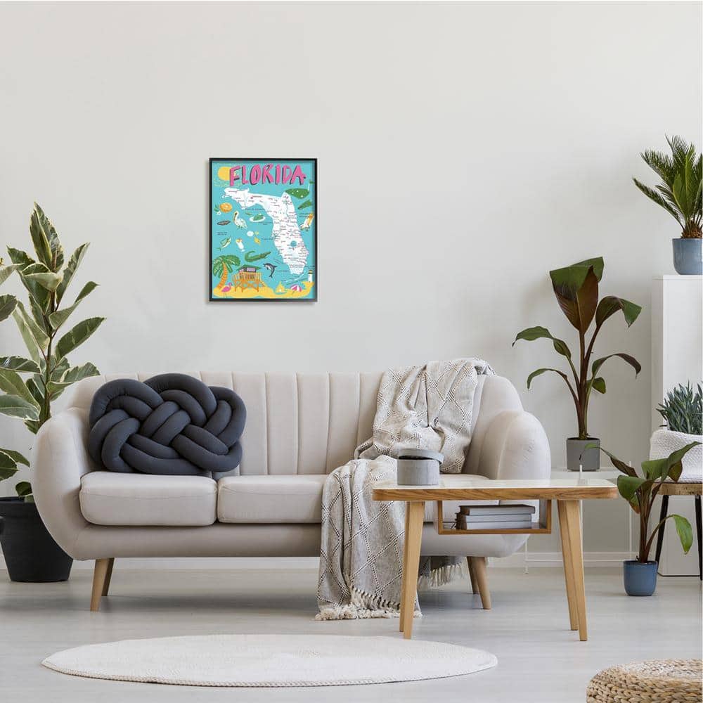 Florida Teal Blue and Pink Illustrated Scenic Map Framed Canvas Art