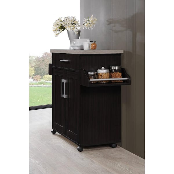 Hodedah キッチンアイランド チョコレート/グレー(トップ)スパイスラック HODEDAH Chocolate-Grey Kitchen Island with Spice Rack and Towel