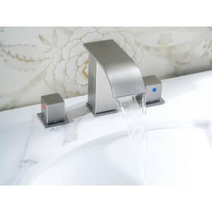 8 in. Widespread Waterfall Spout Double Handle Bathroom Faucet with Drain Kit Included in Brushed Nickel