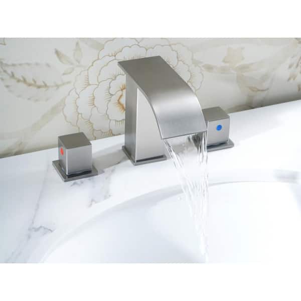 Stainless Steel 8 in. Widespread Double Handle Waterfall Bathroom Faucet with Drain and Supply Lines in Brushed Nickel