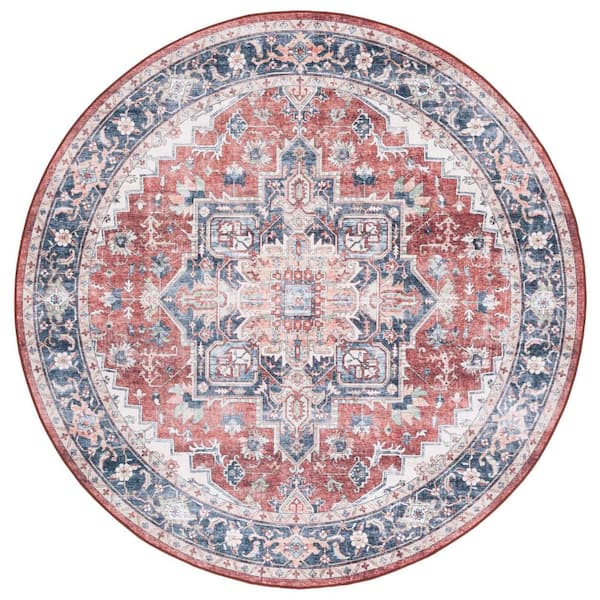 SAFAVIEH Arizona Brown/Blue 6 ft. x 6 ft. Distressed Border Ornate Machine Washable Round Area Rug