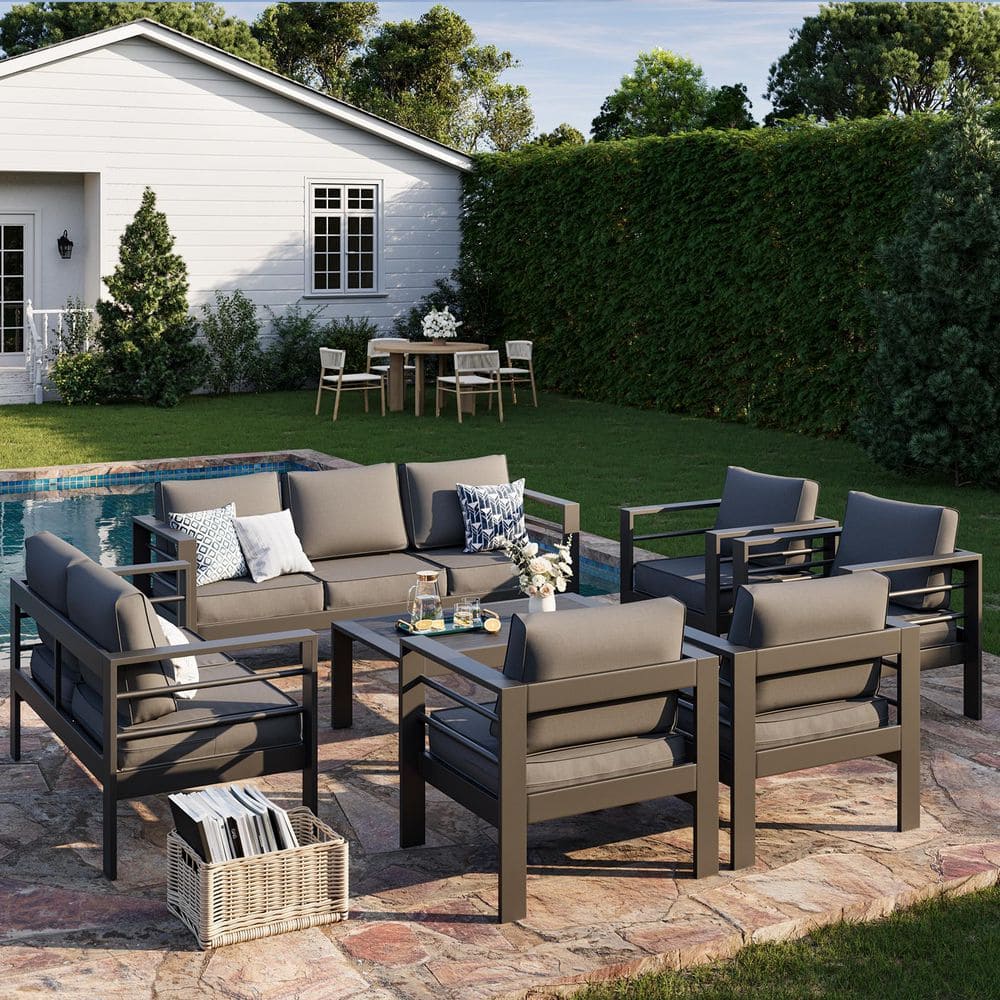 7-Piece Black Aluminum Patio Conversation Set with Gray Cushions and Coffee Table price history on PriceWatchPro