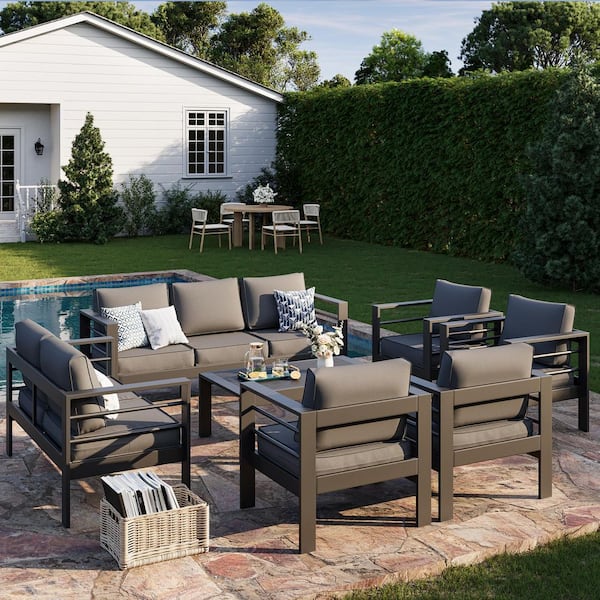 Poteban 7-Piece Black Aluminum Patio Conversation Set with Gray Cushions and Coffee Table