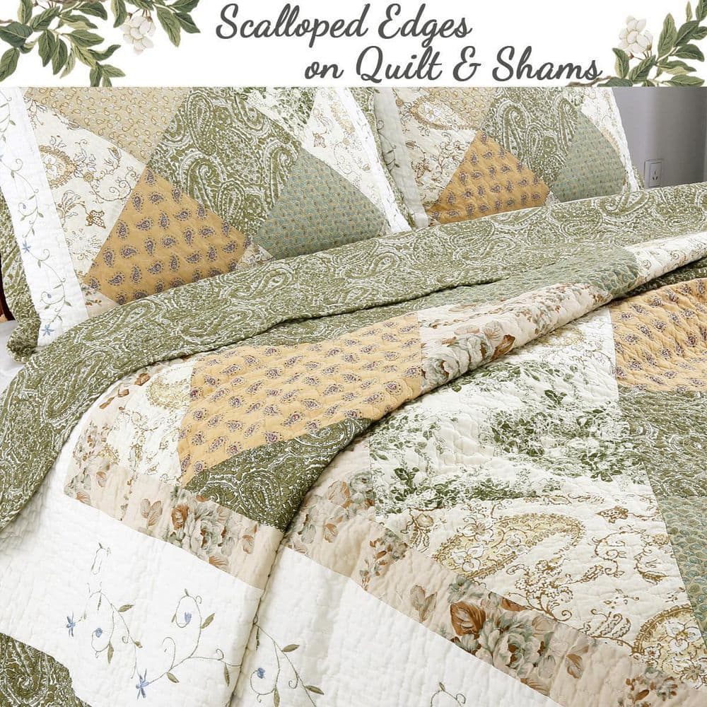 Olive Green and Beige Cotton Twin Reversible Quilt Set