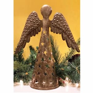 Grey Standing Angel Sculpture with Star Cut-Outs Haitian Steel Drum Sculpture