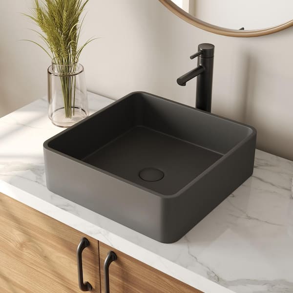 DEERVALLEY Black Concrete 15 in. L x 15 in. W x 5 in. H Square Bathroom Vessel Sink Above Counter