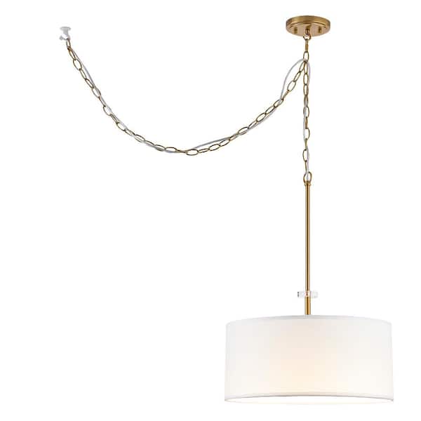 Home Decorators Collection Dawson 1-Light Aged Brass Pendant with White Fabric Shade