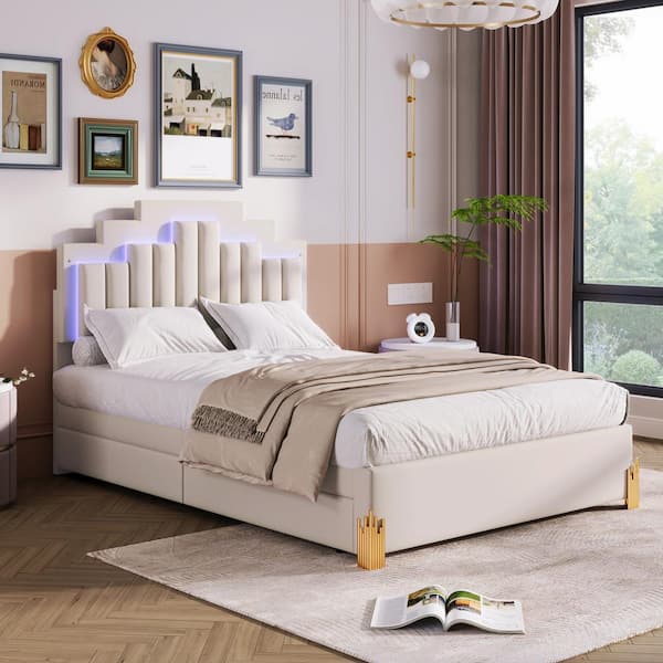 Harper & Bright Designs Beige Wood Frame Full Size Velvet Upholstered Platform Bed with Stylish Irregular Metal Legs, LED Lights and 4 Drawers