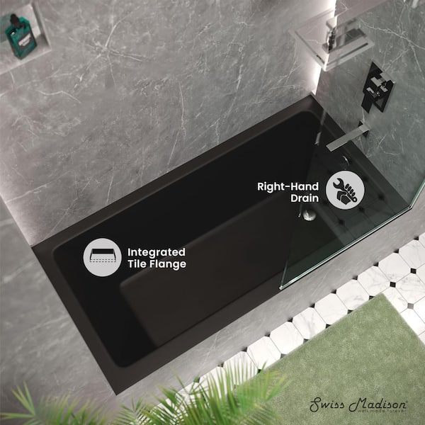 Voltaire 60 in. x 30 in. Rectangular Soaking Bathtub with Right-Hand Drain Alcove in Matte Black