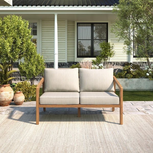 Harper & Bright Designs Teak Finish Outdoor Acacia Wood Loveseat with Beige Cushions