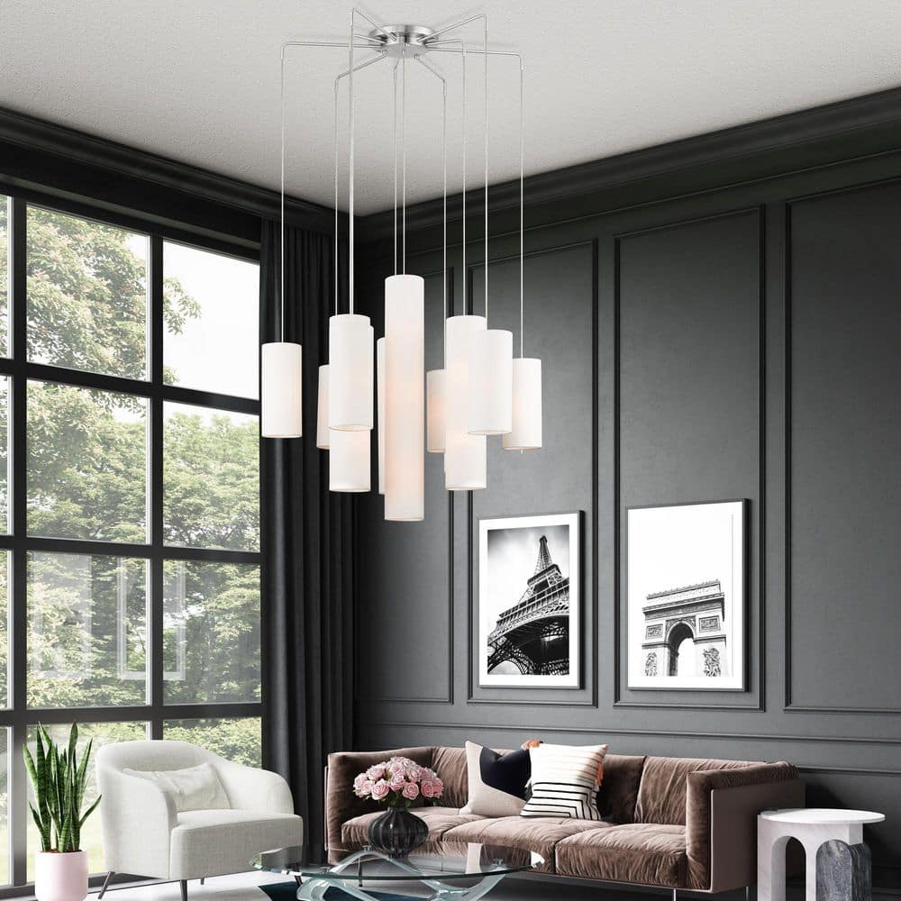 Strathmore Brushed Nickel 15-Light Tiered Foyer Chandelier with Off-White Shades