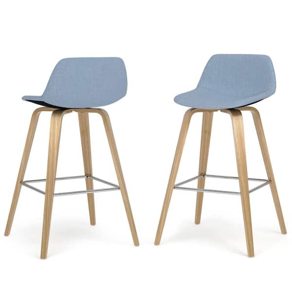 Simpli Home Randolph 26 in Mid Century Modern Bentwood Counter Height Stool (Set of 2) with Light Wood in Denim Blue Polyester linen