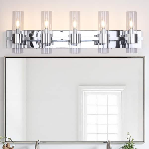 35.43 in. 5-Light Chrome Modern Vanity Light Wall Sconces with Clear Glass Shade for Kitchen Living Room Hallway