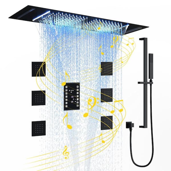 6-Spray Ceiling Mount Handheld Shower Head LED and Music Shower Systems 2.5 GPM in Matte Black
