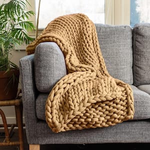Chunky Knitted Camel Acrylic Throw Blanket