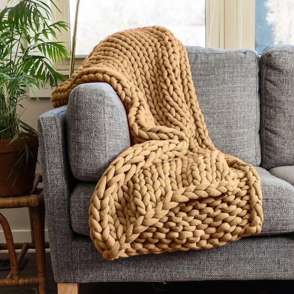 Chunky Knitted Camel Acrylic Throw Blanket