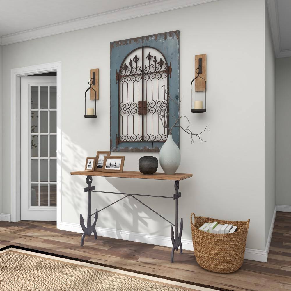 Black Solid Anchor Coastal Console Table with Brown Wood Top, 48"W x 31"H