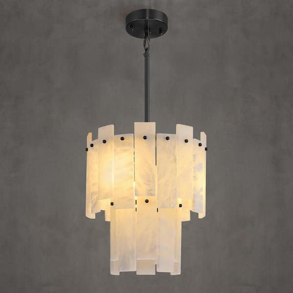 13 in. 3-Light Black Dimmable Kitchen Island Pendant Light with 2-Tier Alabaster Shade for Dining Room, Living Room