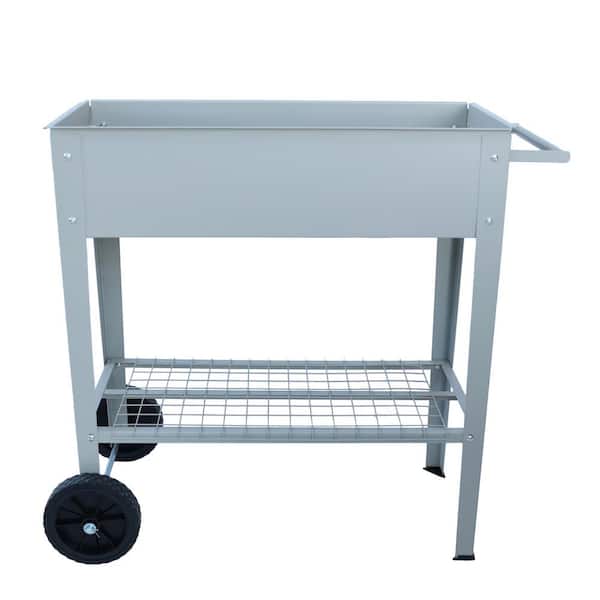 Oyezvary 33.66 in. L Gray Metal Rectangular Indoor/Outdoor Elevated Tall Planter Raised Beds with Legs, Wheels and Storage Shelf