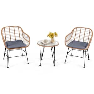 3-Piece Wicker Patio Conversation Set with Round Tempered Glass Top Table & 2 Rattan Armchairs Gray Cushions