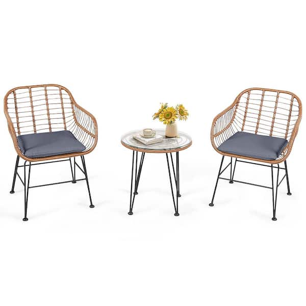 HONEY JOY 3-Piece Wicker Patio Conversation Set with Round Tempered Glass Top Table & 2 Rattan Armchairs Gray Cushions