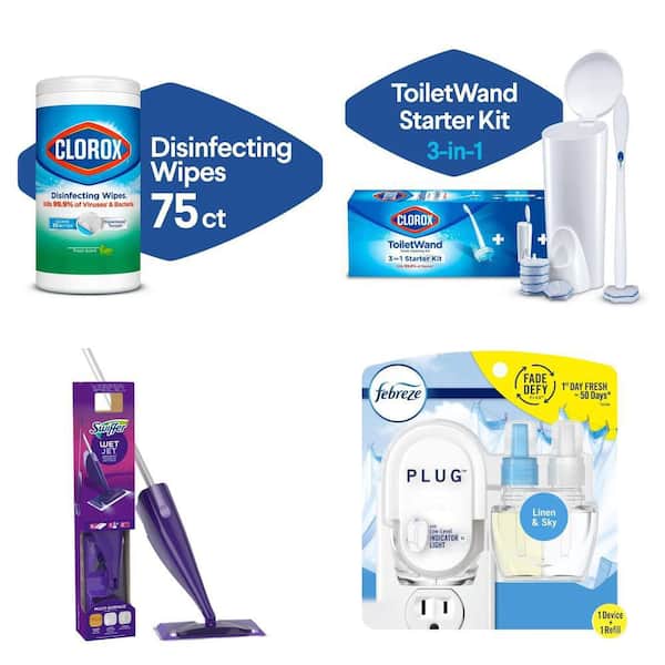 Fresh Scent Cleaning Wipes (75-Count), ToiletWand Kit, WetJet Starter Kit, and Linen & Sky Scented Oil with Warmer