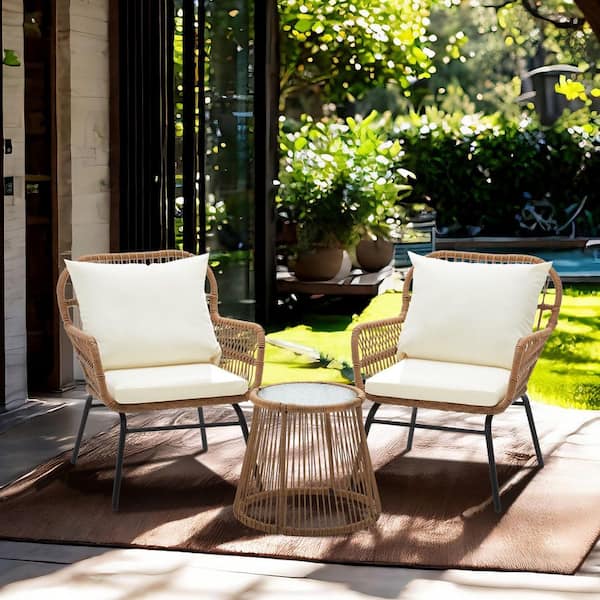 3-Piece Outdoor Wicker Furniture Set, Patio Conversation Set with Beige Cushions for Garden, Balcony, Backyard