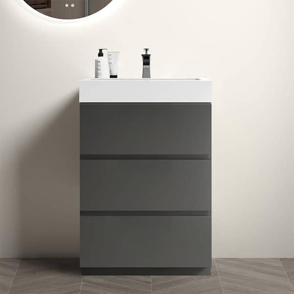 MYCASS 24 in. W x 18.1 in. D x 37 in. H Freestanding Bath Vanity in Space Grey with Single White Sink Solid Surface Top