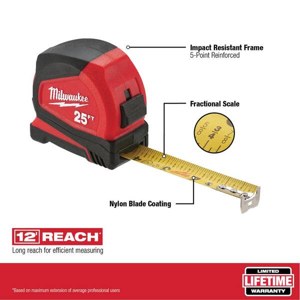 Milwaukee Tool - Tape Measures; Length Ft.: 25.000; Graduation (Inch):  1/16; Blade Material: Steel; Standout Length (Meters): 3.66; Standout  Length (Feet): 12.00 - 92016625 - MSC Industrial Supply