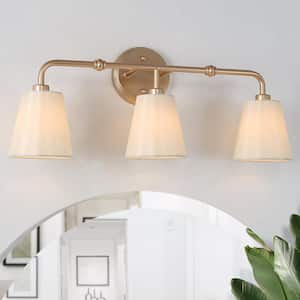 Modern Farmhouse Bathroom Wall Sconce Light, 23.5 in. 3-Light Transitional Gold Bell Vanity Light with Fabric Shades