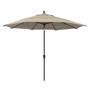 11 ft. Bronze Aluminum Pole Market Aluminum Ribs Auto Tilt Crank Lift Outdoor Patio Umbrella in Beige Sunbrella