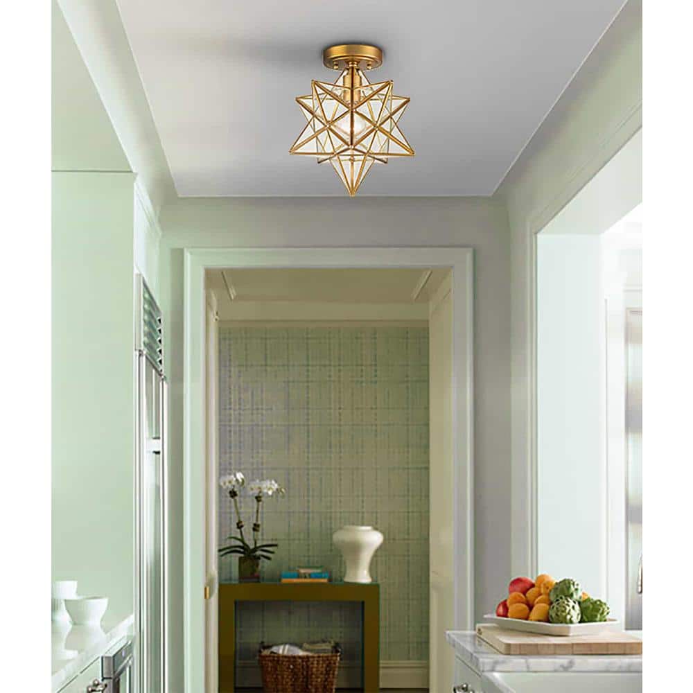 Brass Moravian Star Flush Mount Ceiling Light with Clear Glass