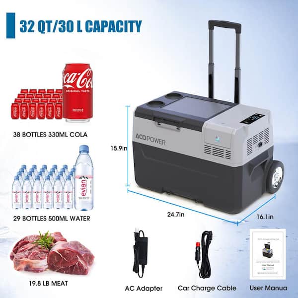 32 qt. Car Freezer Portable Refrigerator Freezer w/ APP Control, 6 in. Off-Road wheels,12V, 45W Cooler Freezer,Low Noice